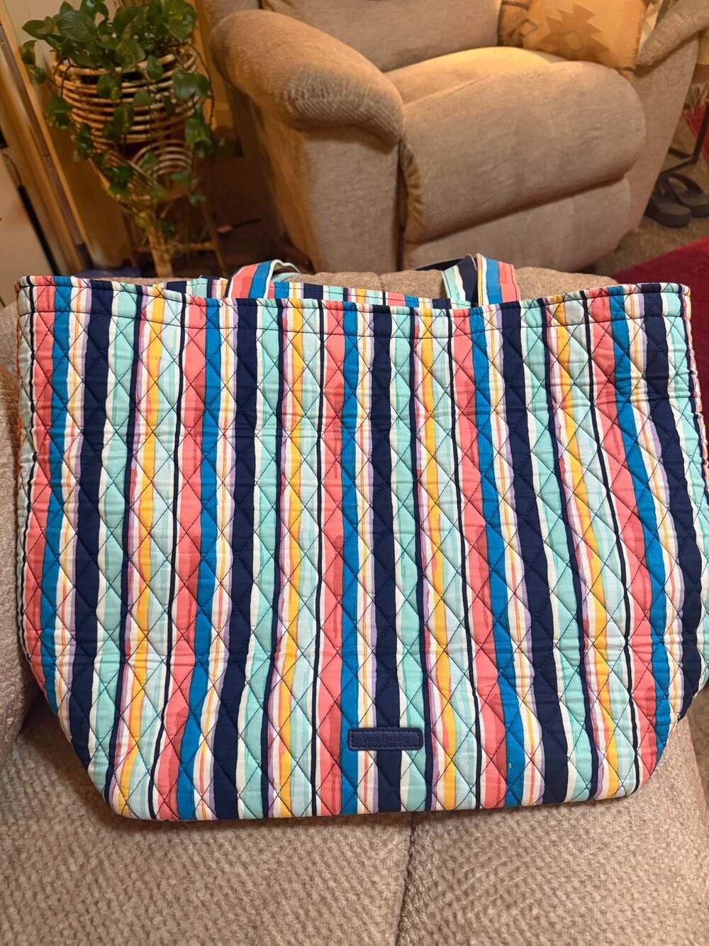 Vera Bradley Quilted Tote Bag Multicolor Striped Pattern Aqua Large Purse